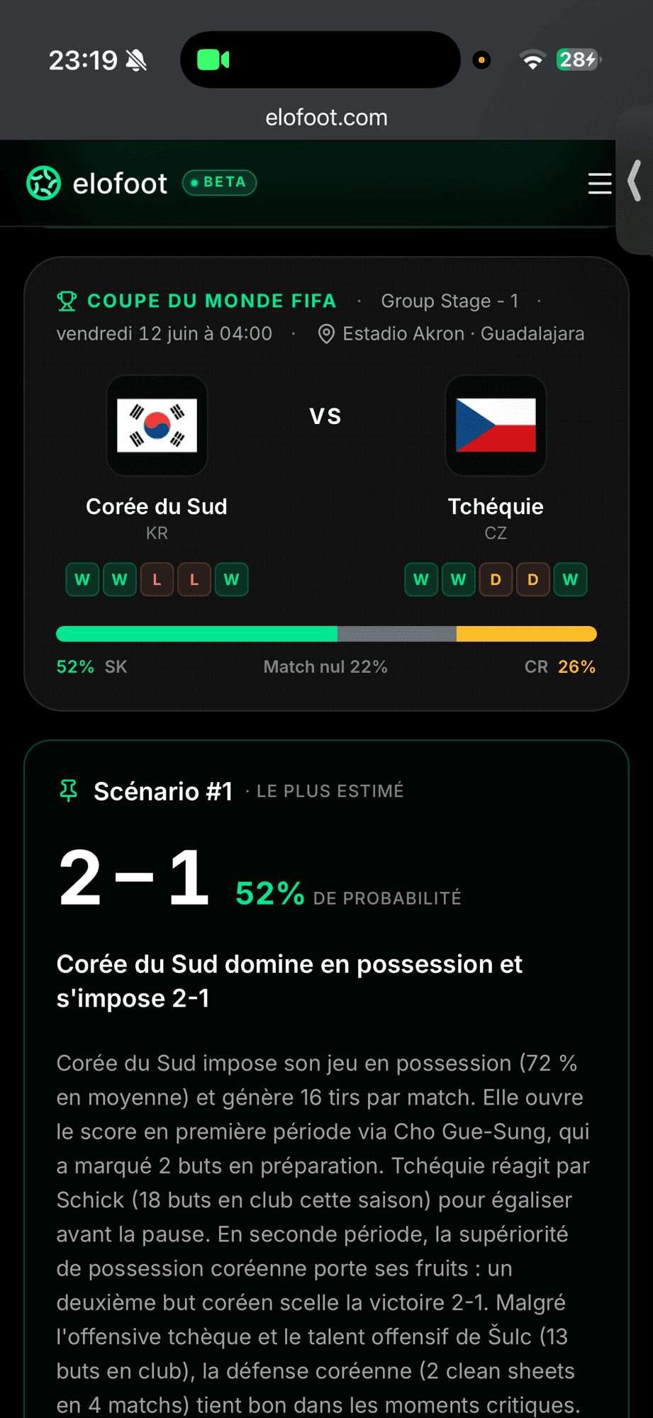 Capture Elofoot — prédiction Corée du Sud – Tchéquie